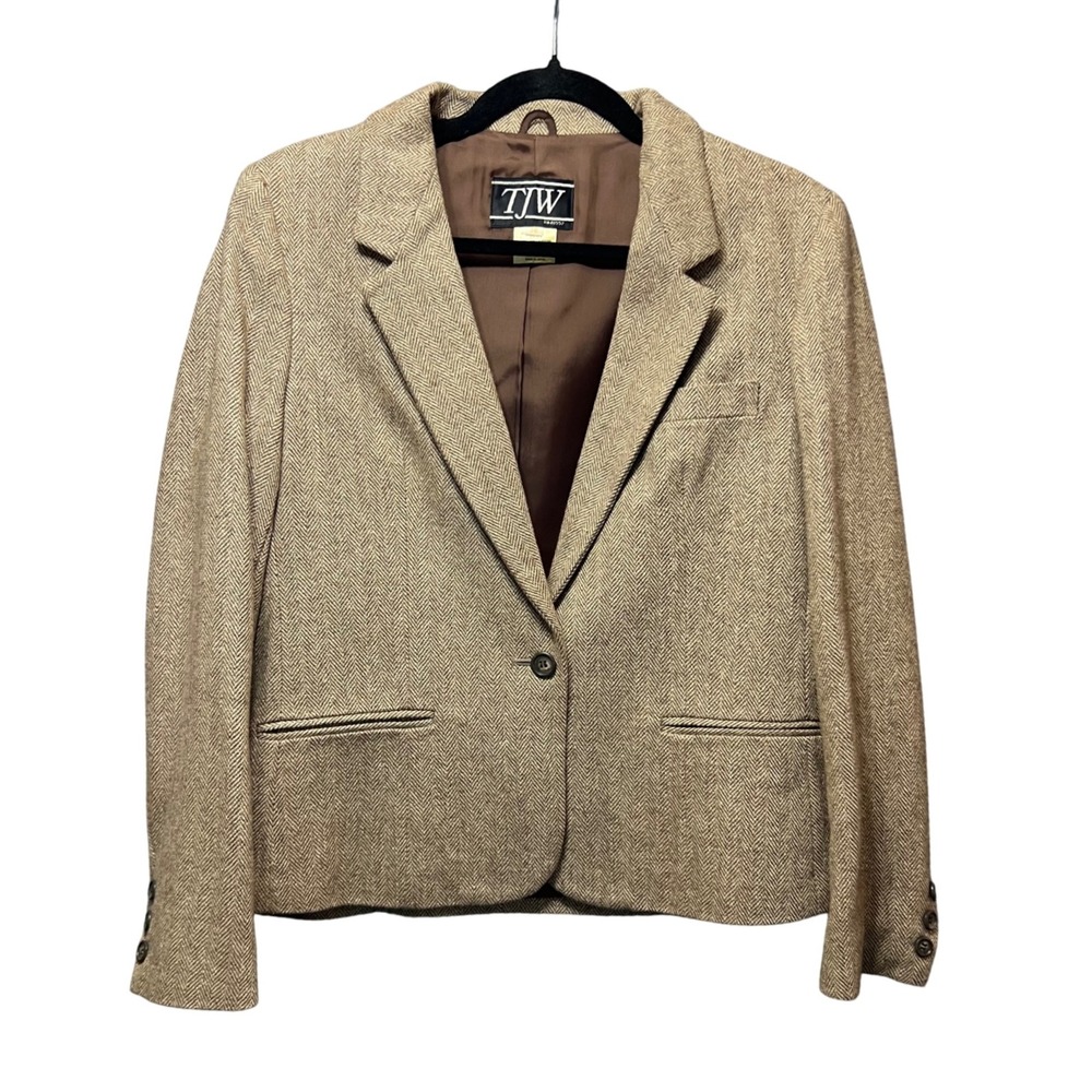 Vintage TJW Women's Blazer 14 Brown Herringbone Wool Silk Tweed Made‎ in Japan